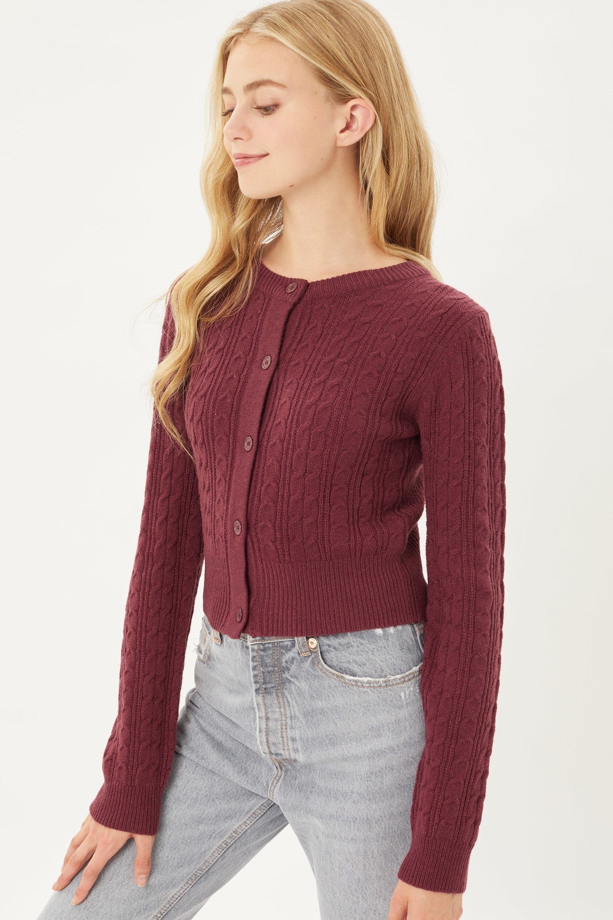 Buttoned Cable Knit Cardigan Long Sleeve Sweater