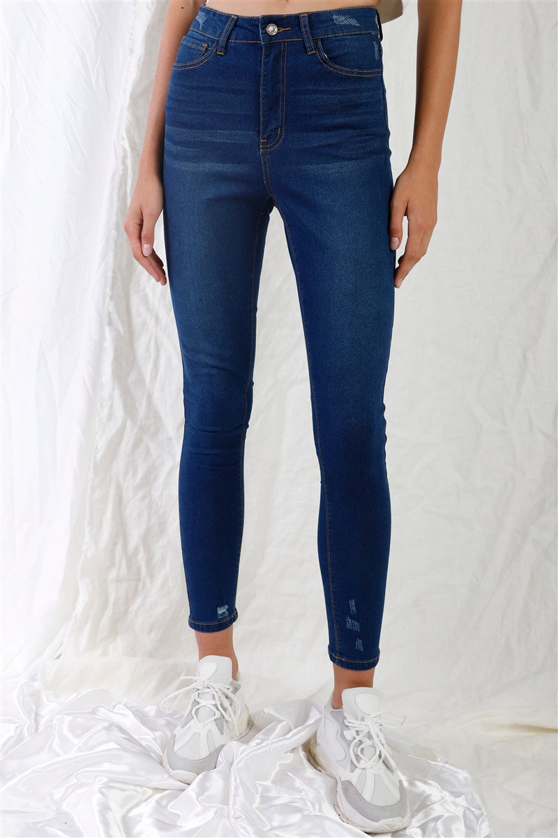 Denim - Dark Blue High-waisted With Rips Skinny Denim Jeans