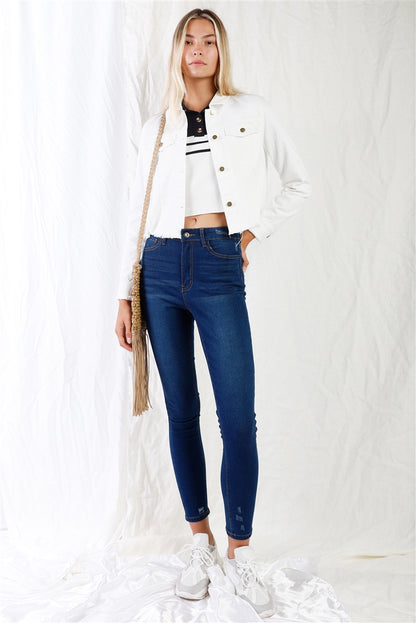 Denim - Dark Blue High-waisted With Rips Skinny Denim Jeans