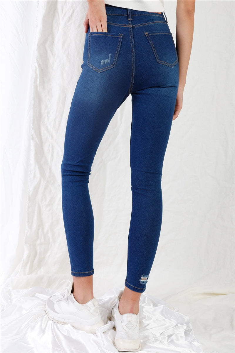 Denim - Dark Blue High-waisted With Rips Skinny Denim Jeans