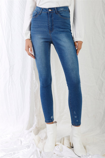 Denim - Mid Blue High-waisted With Rips Skinny Denim Jeans