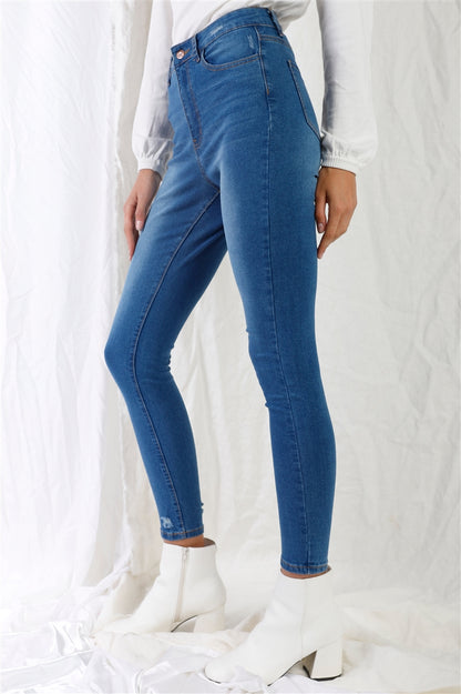 Denim - Mid Blue High-waisted With Rips Skinny Denim Jeans