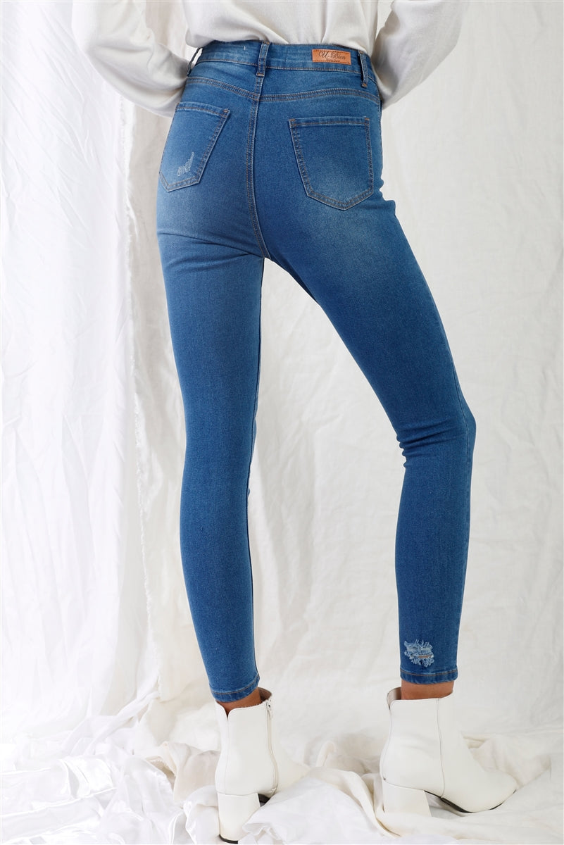 Denim - Mid Blue High-waisted With Rips Skinny Denim Jeans