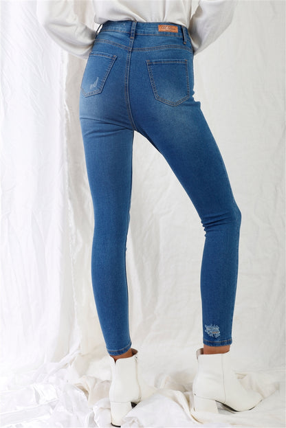 Denim - Mid Blue High-waisted With Rips Skinny Denim Jeans