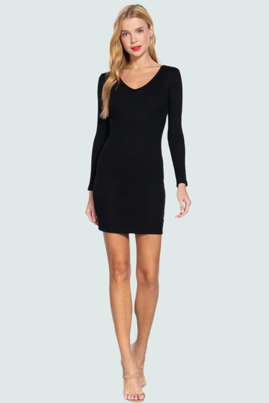 Long Slv V-neck Mini Rib Dress