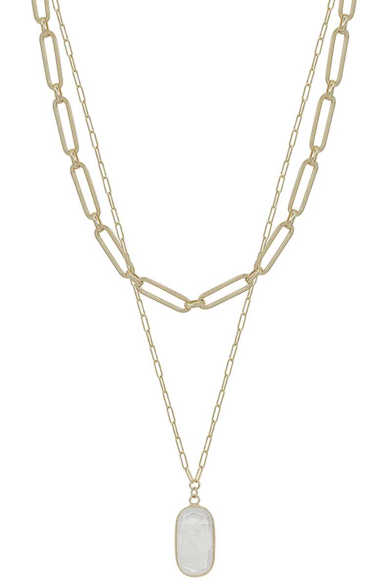 2 Layered Metal Chain Stone Pendant Necklace