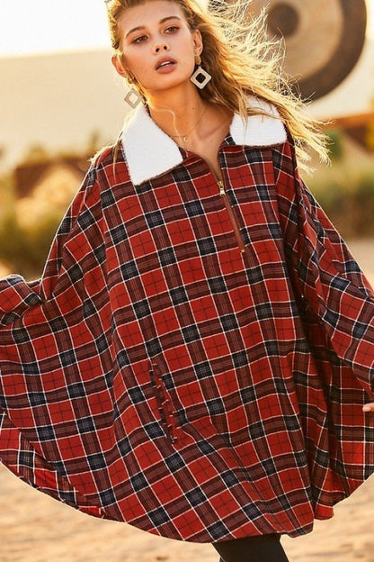 Mock Neck With Zipper Contrast Inside Front Pocket Plaid Poncho