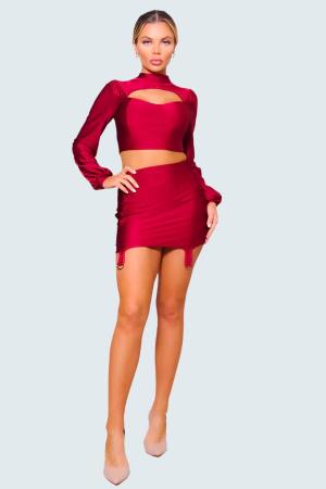 Puff Long Sleeve Front Cutout Turtleneck Blouse & Side Ruched Garter Mini Skirt Set