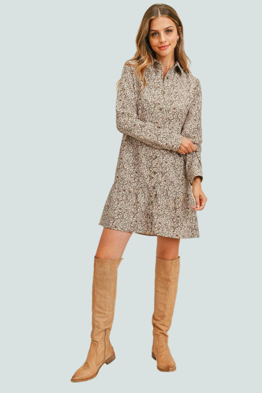 Corduroy Printed Button Down Front Collar Long Sleeve Dress