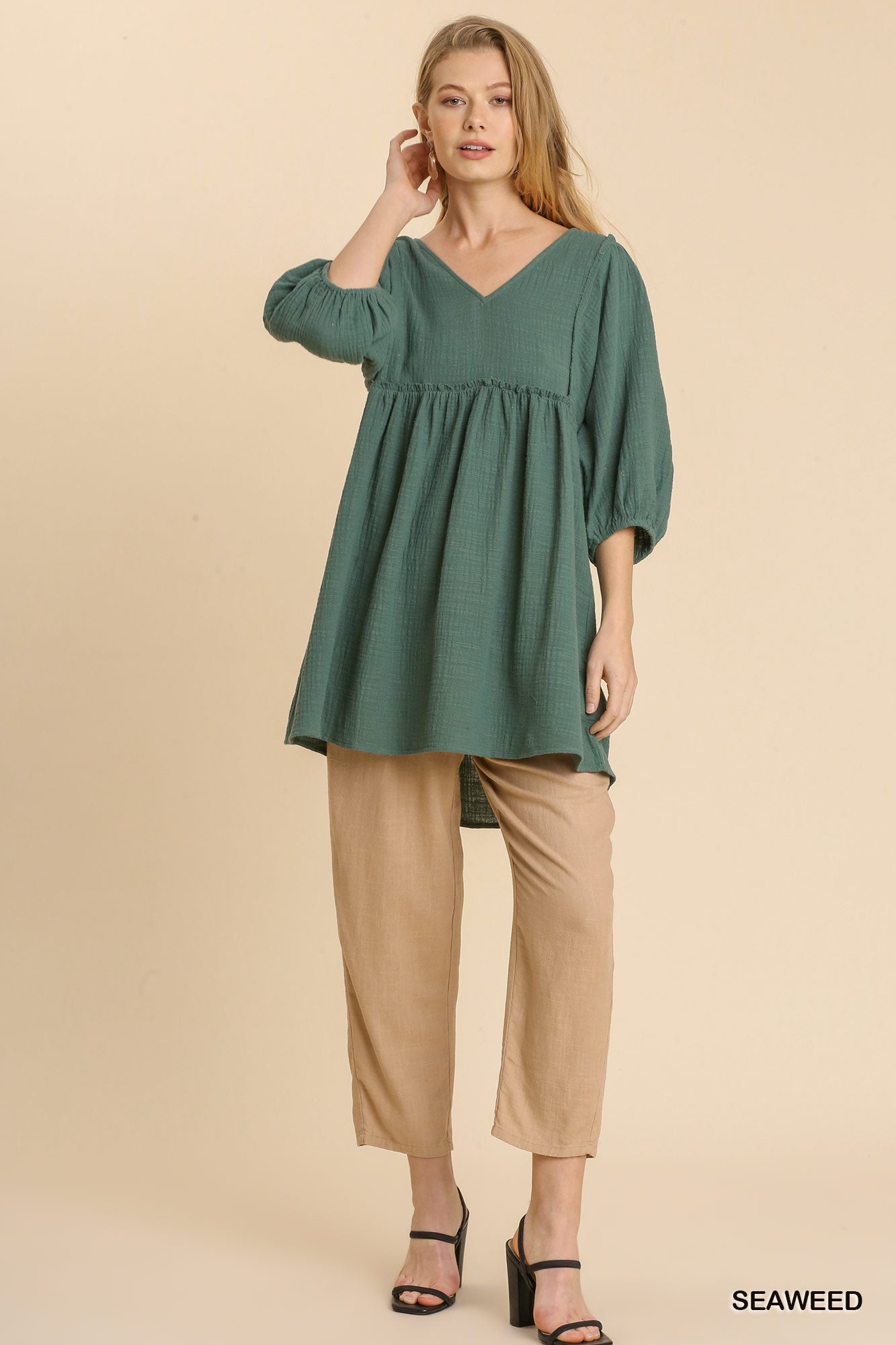 Gauze Slub V-neck Frayed Edge Detail Tunic Dress