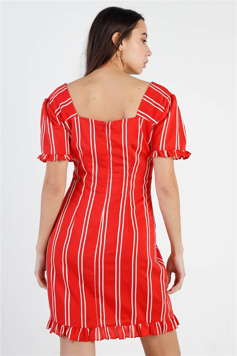 Red Stripe Lace Up Front Detail Ruffle Trim Balloon Sleeve Dress