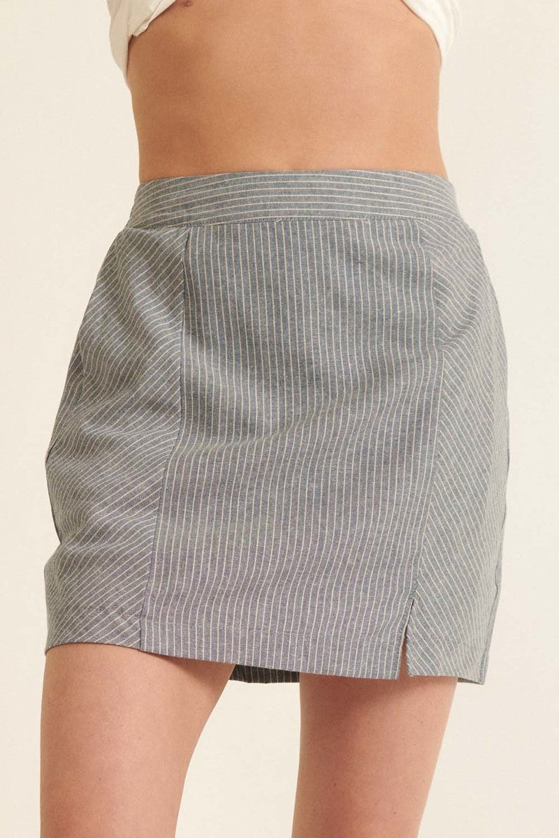 Denim - Banded Front Waist Pinstripe Mini Skirt