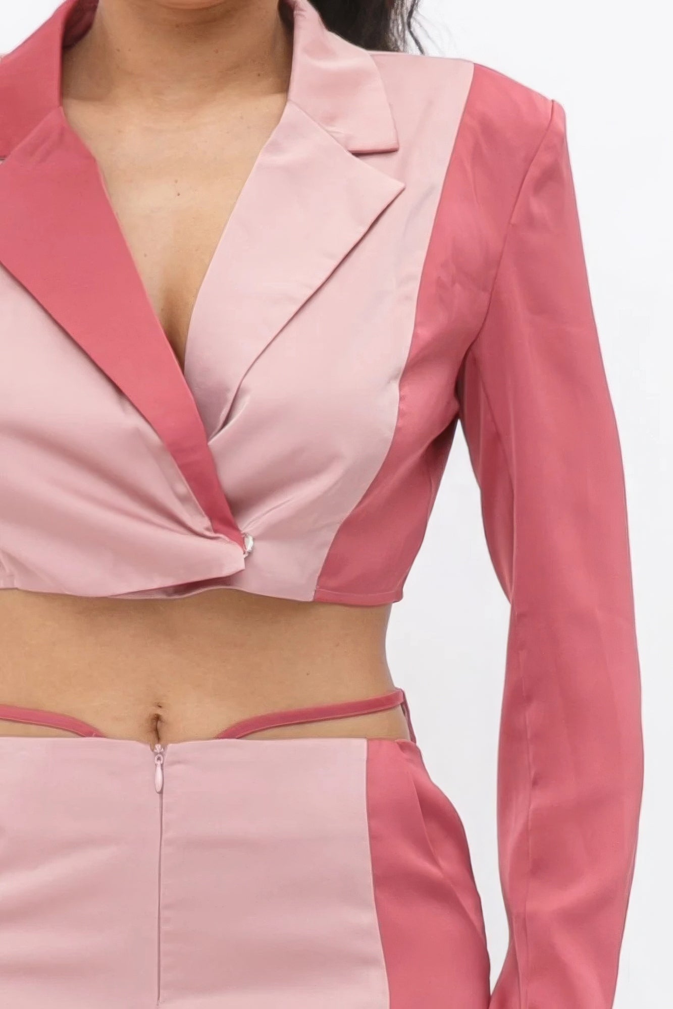 Colorblock Crop Blazer With Matching Low Rise Wide Leg Pant Set With Pockets