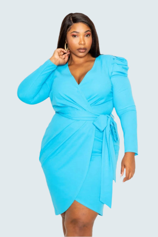 Padded Shoulder Wrap Midi Dress