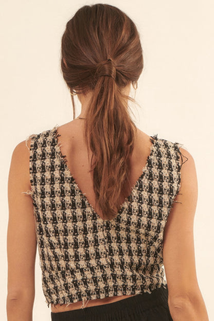 V Neckline Plaid Woven Vest