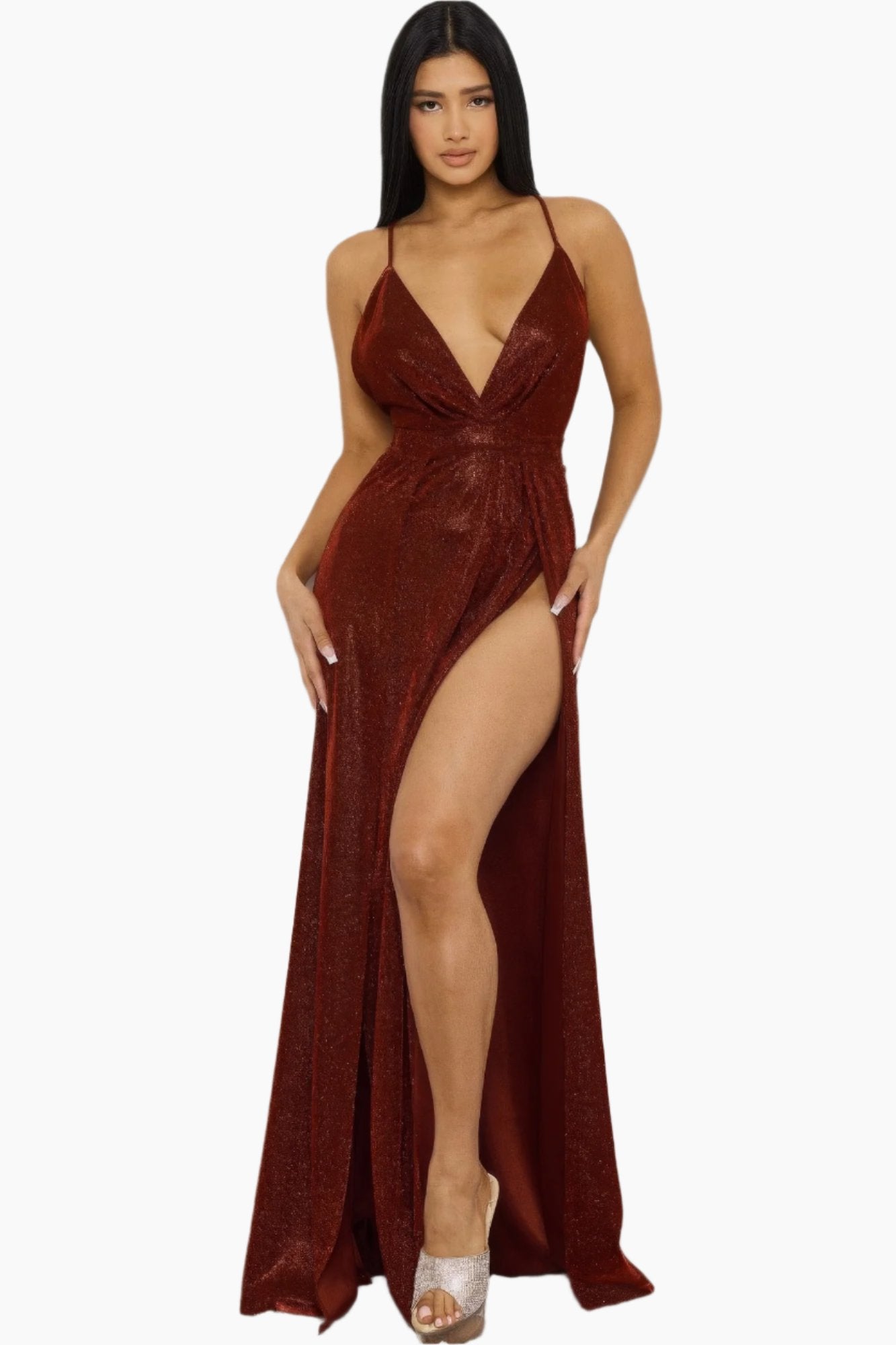 EVENINGS - Glitter Fabric Sweetheart Surplice Maxi Dress