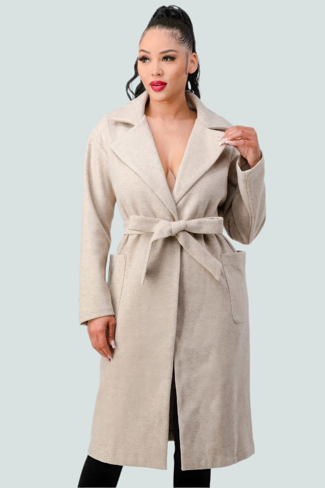 Luxe Wool Waist Tie Side Pockets Midi Length Coat