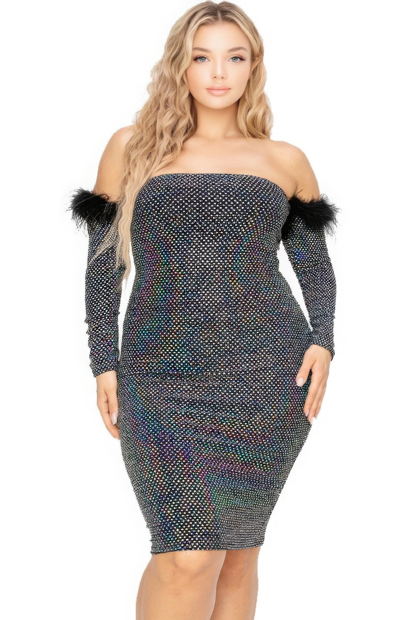 Plus Off Shoulder Feather Trim Detail Sequin Dress