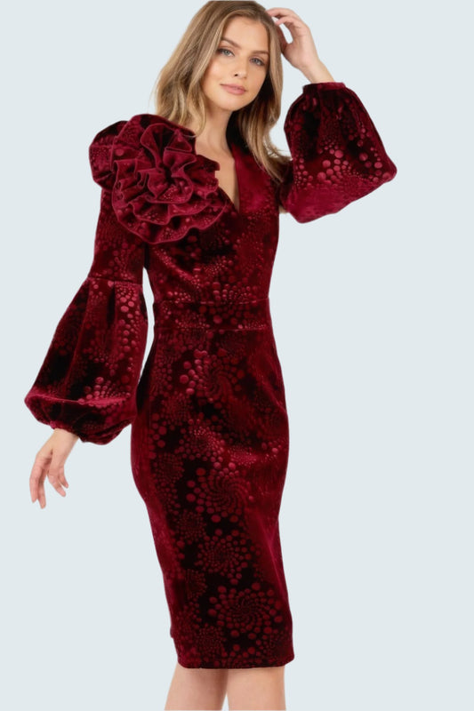 A-D Flower Patch Flocked Velvet Fitted Midi Dress With Puff Sleeves