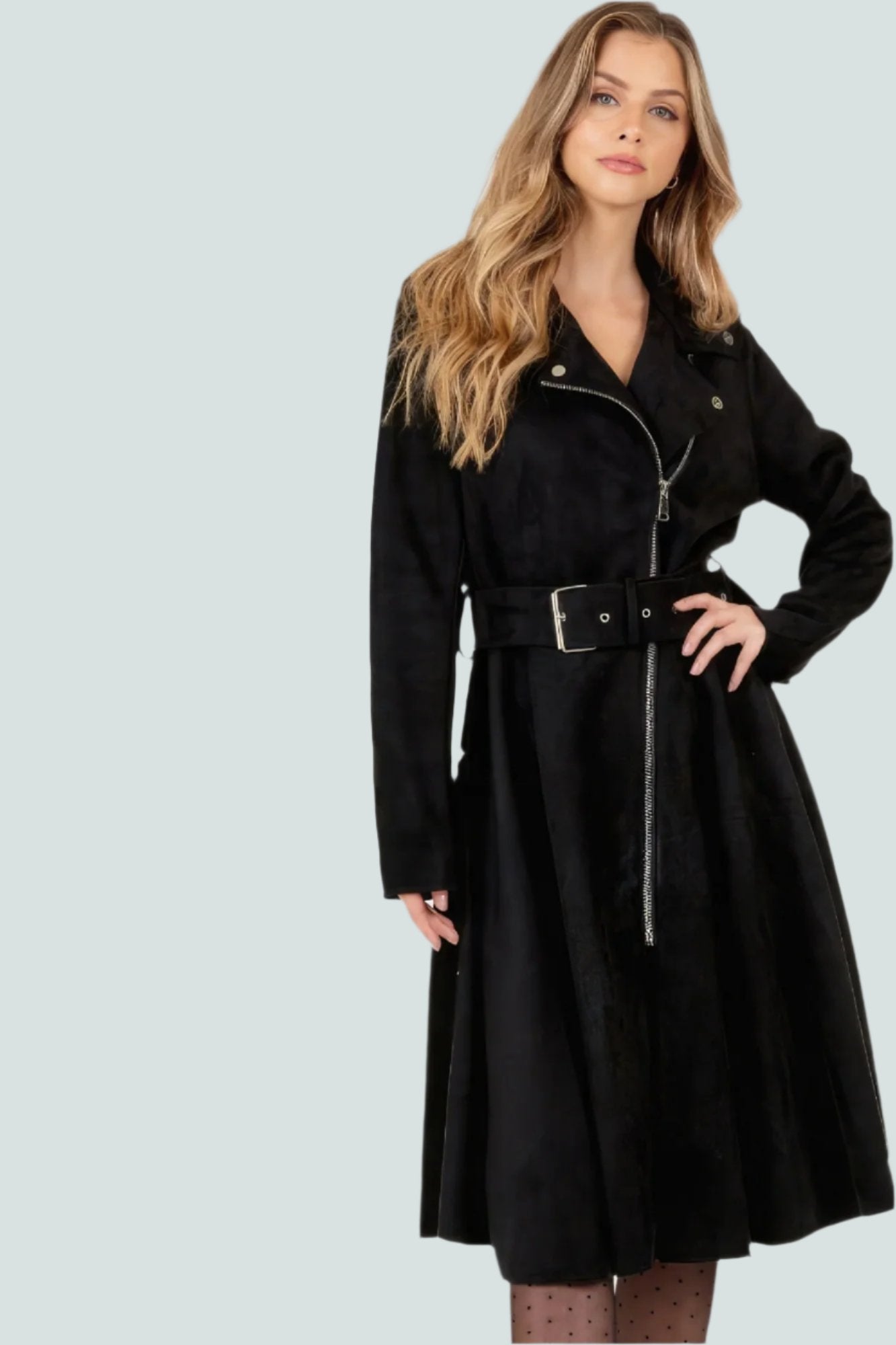 Waist Belt Tacked Faux Suede Coat Solid Coat