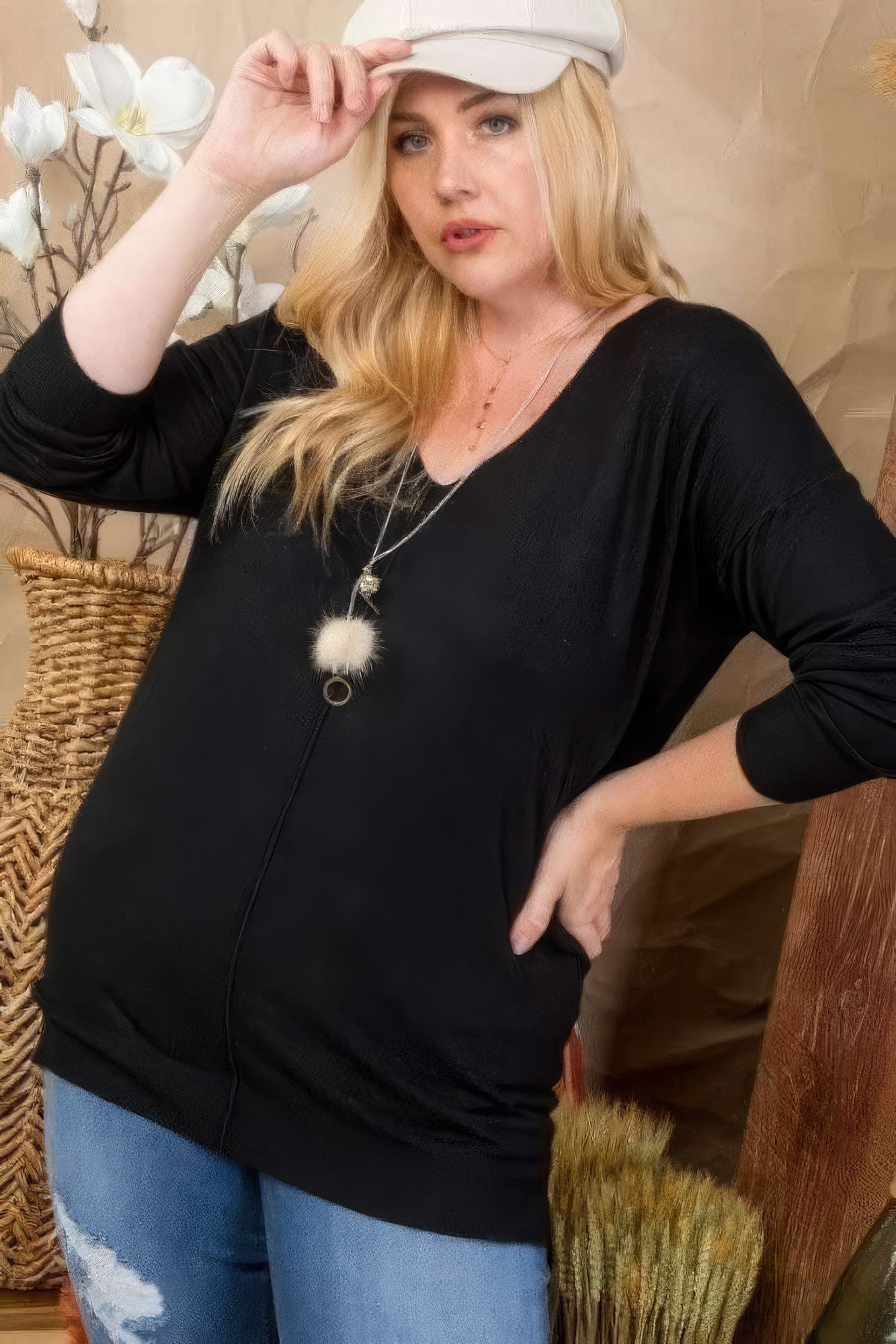 Plus Size V Neck 3/4 Sleeve Side Slit Hi-lo Sweater