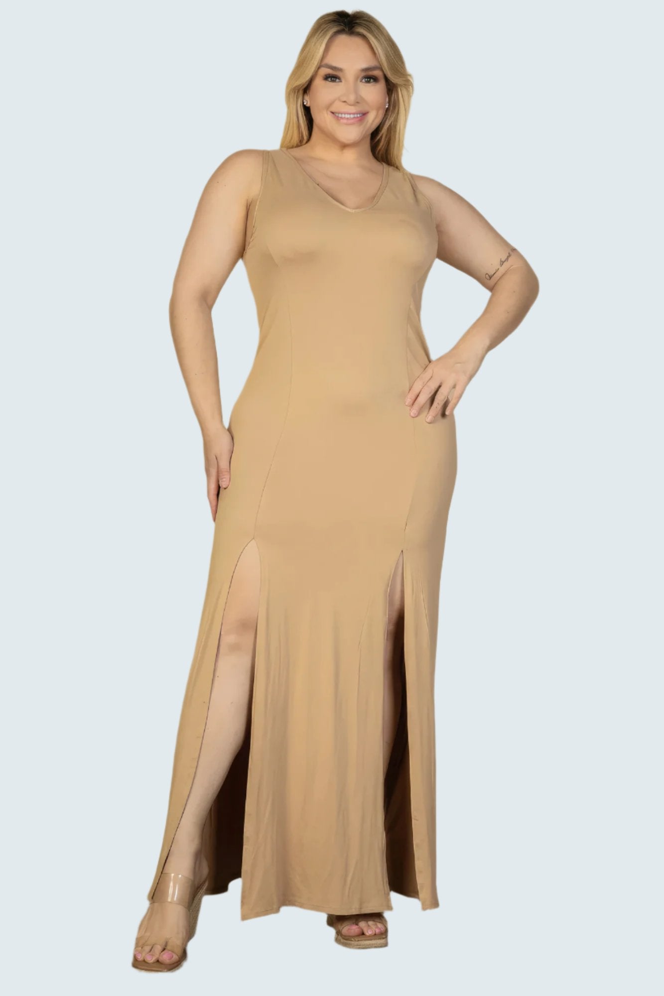 Plus Size Plunge Neck Thigh Split Maxi Dress