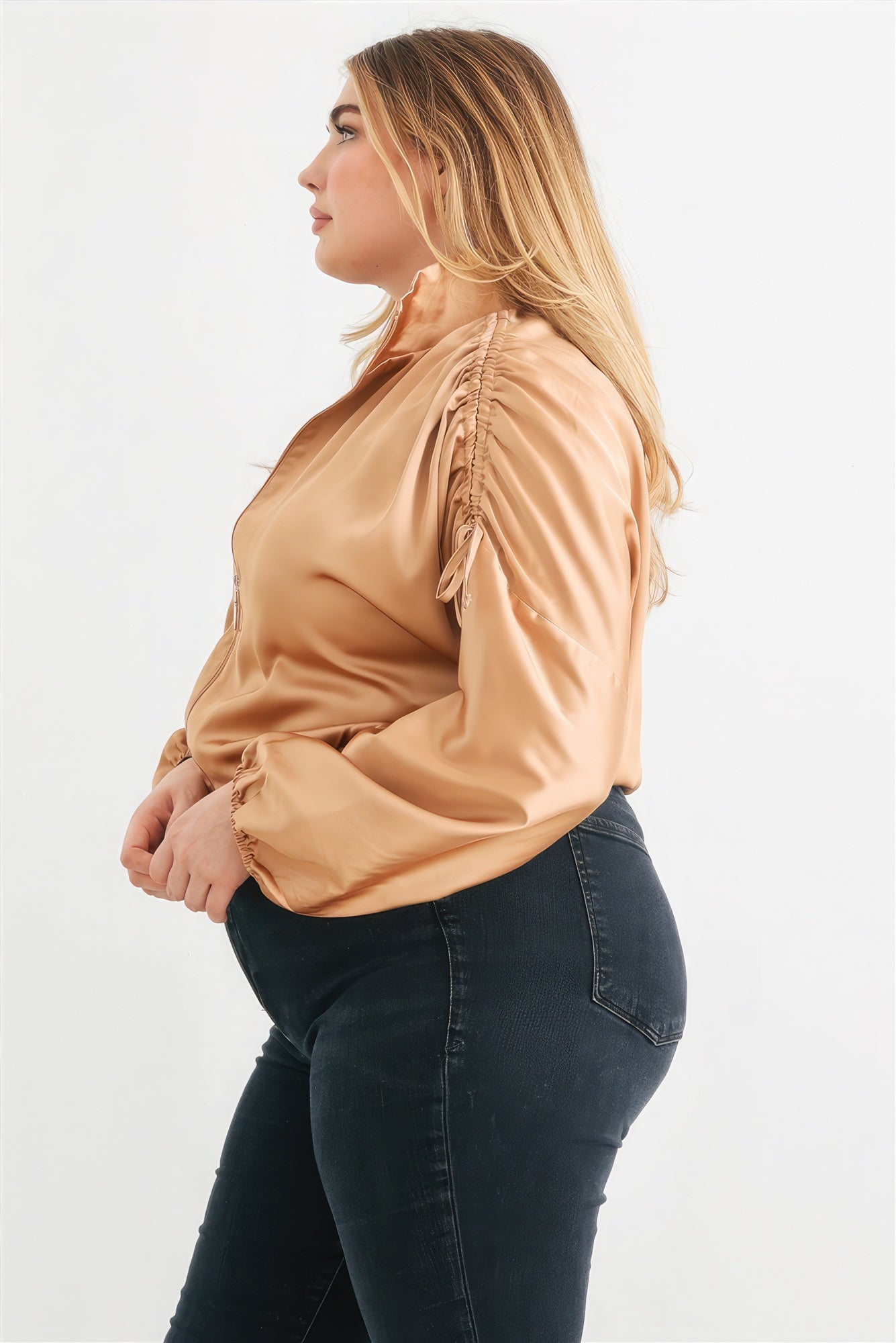 Plus Satin Zip-up Ruched Long Sleeve Cropped Bomber Jacket