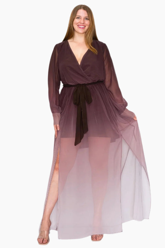 Ombre Chiffon Wrap Front Long Sleeve Tie Waist Slit Front Maxi Dress