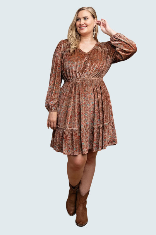 Printed Velvet V-neck Dress With Button Front Detail