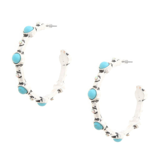 Earrings - Western Turquoise Bead Open Hoop Design