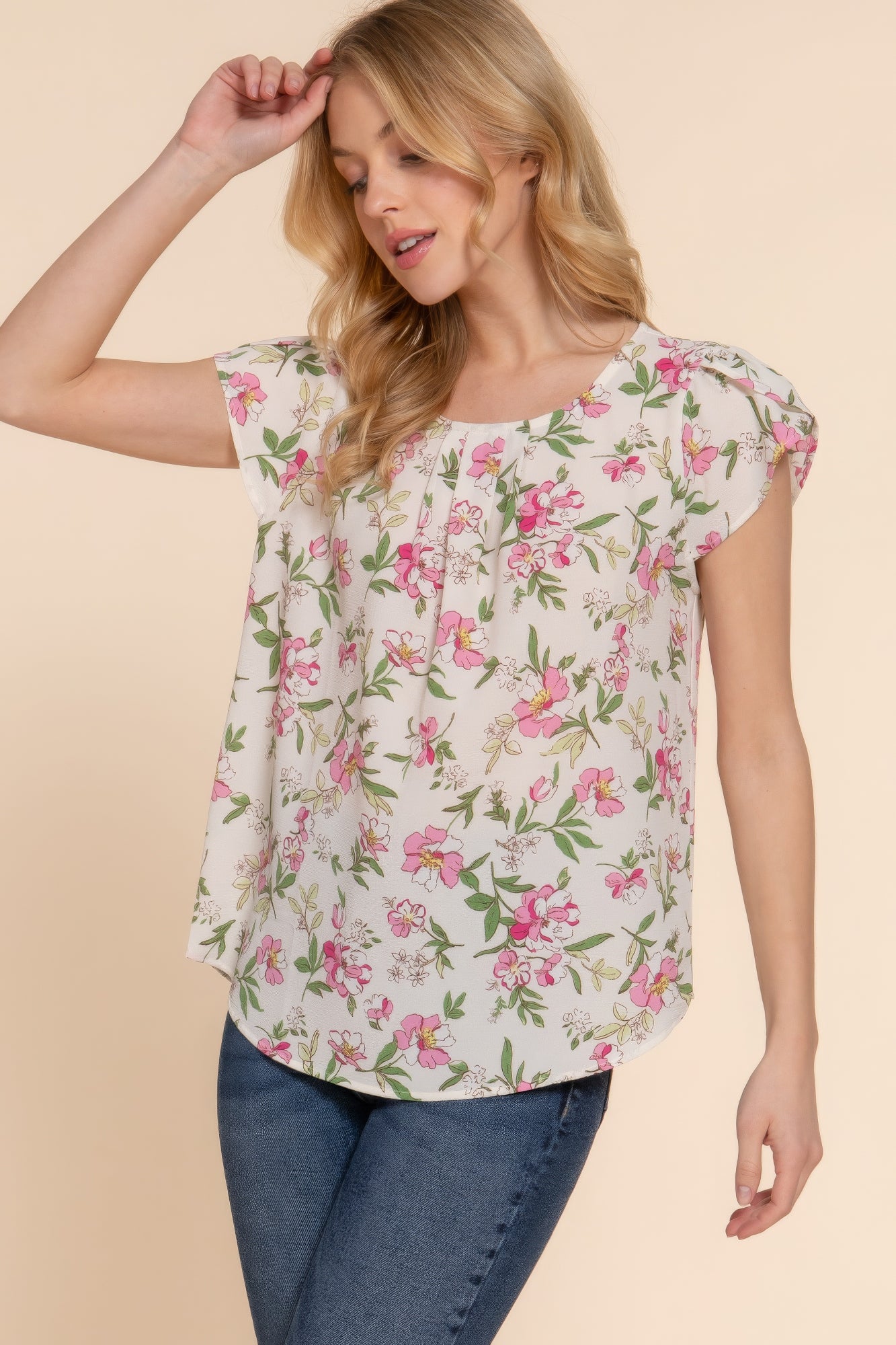 Short Tulip Slv Floral Print Woven Top