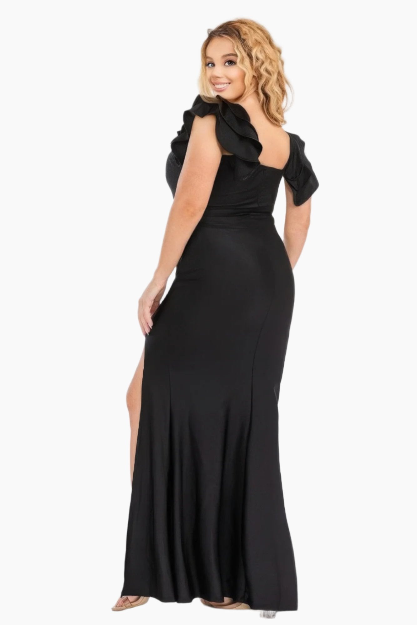 Plus Satin Strech Ruffle Party Maxi Dress