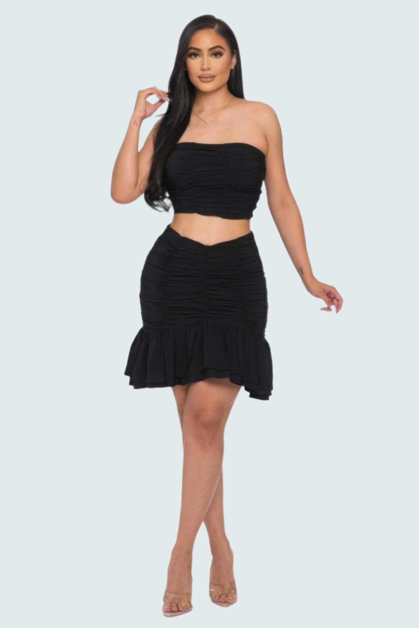 Ruffle Ruched Mini Skirt Set