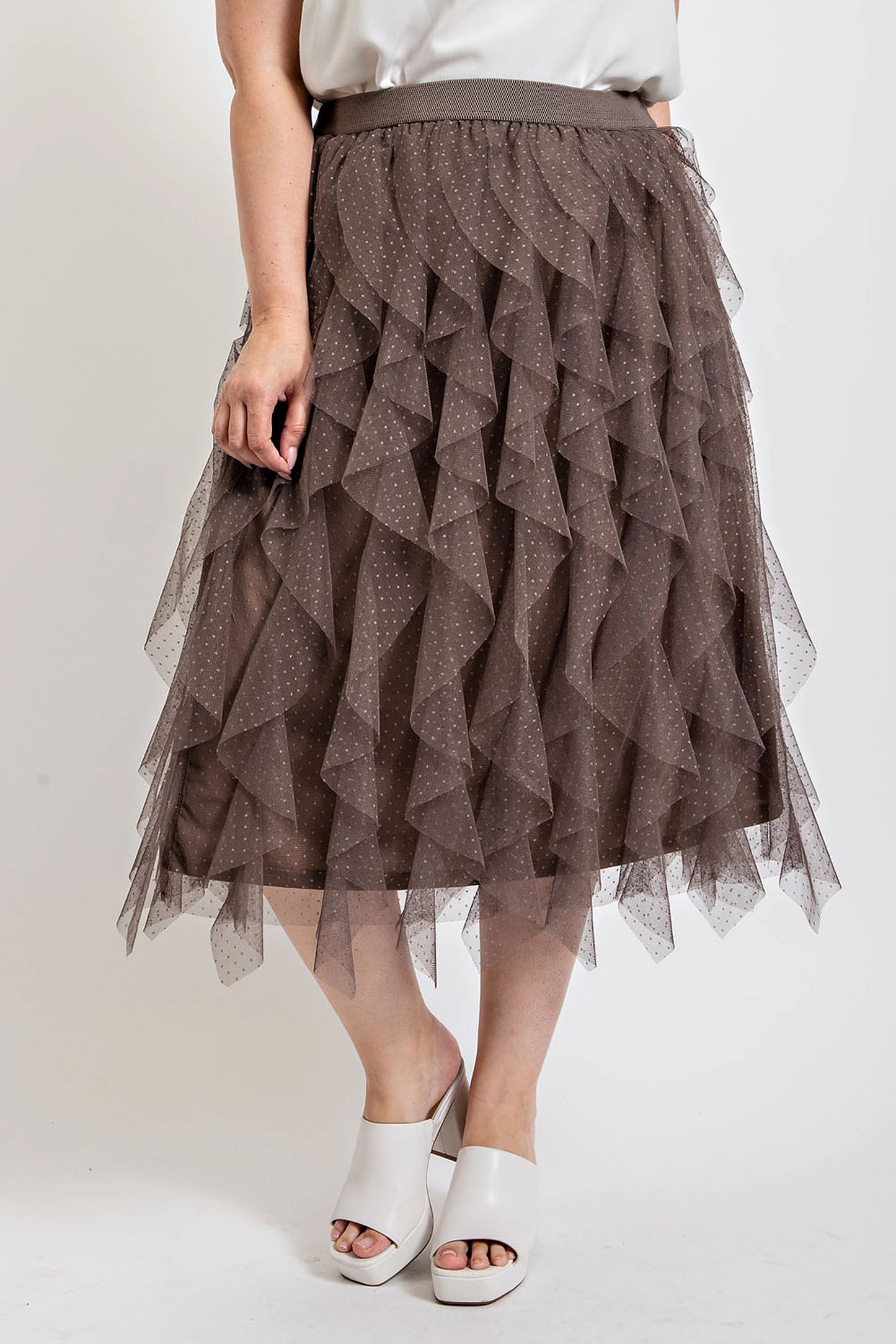 SKIRTS - Plus Size  Ruffled Tulle Midi Skirt With Elastic Waist Band