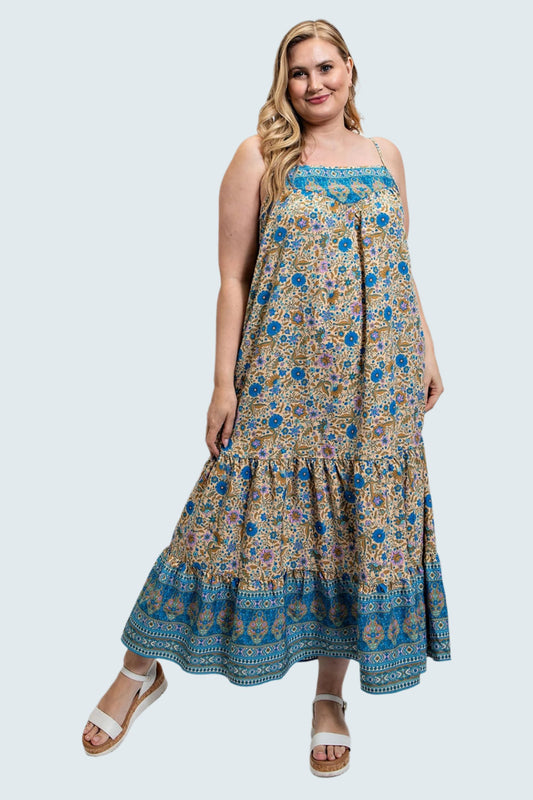 Floral And Aztec Print Drop Down Maxi Dress With Spaghetti Strap