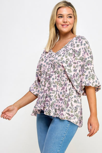 Floral V-neck Babydoll Balloon Slv Top