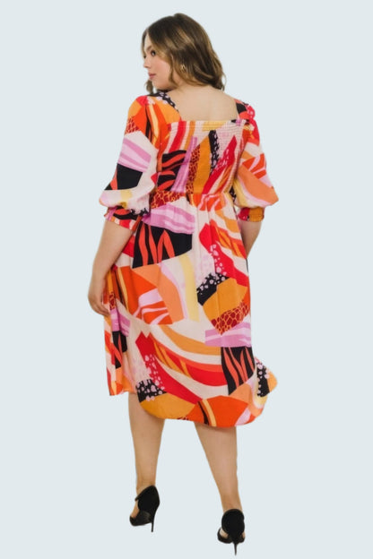 Plus Floral Print Square Neckline Midi Dress