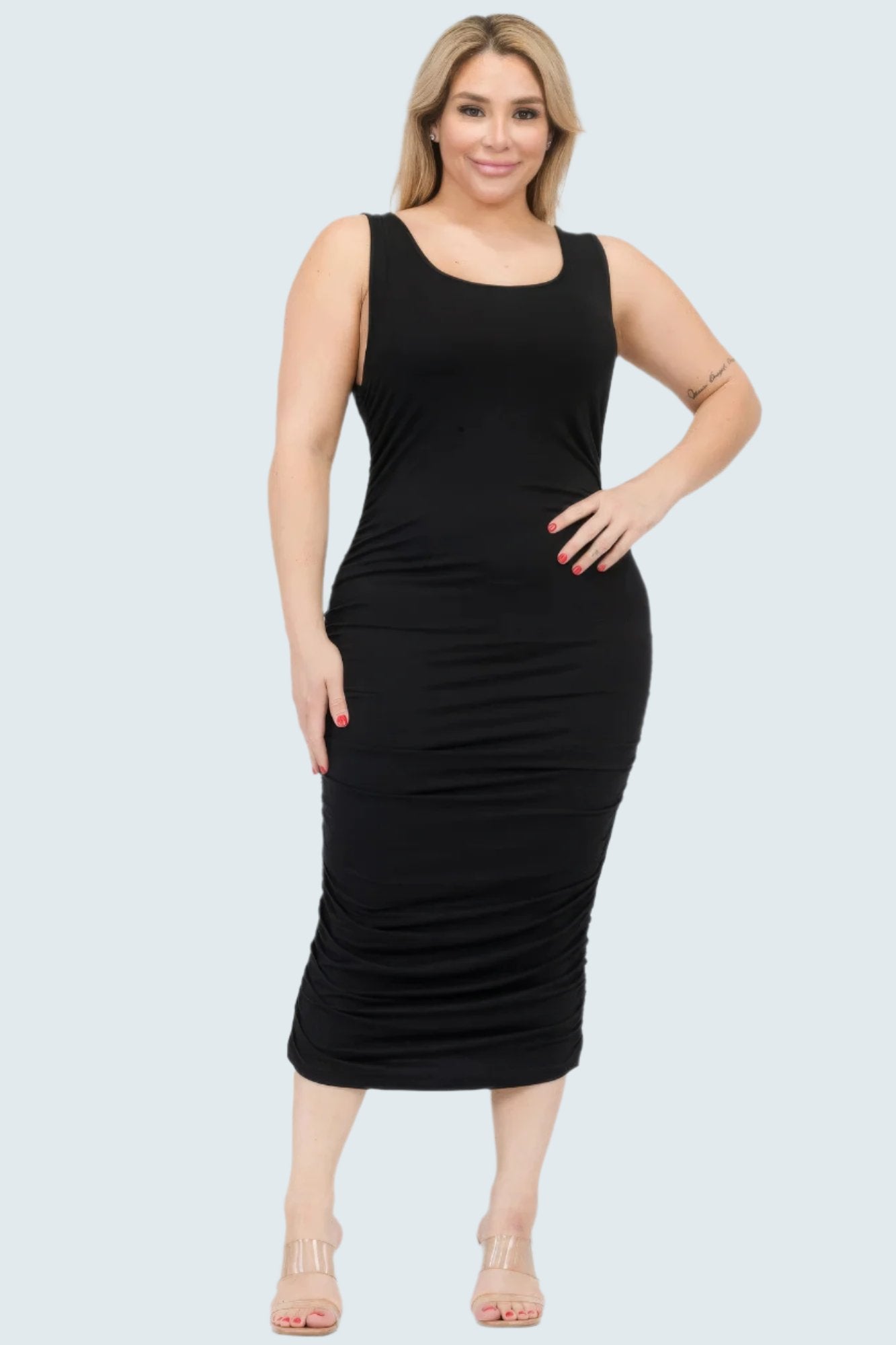 Plus Size Square Neck Ruched Bodycon Midi Dress