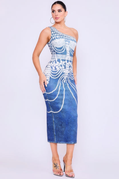 Denim - One Shoulder Print Dress