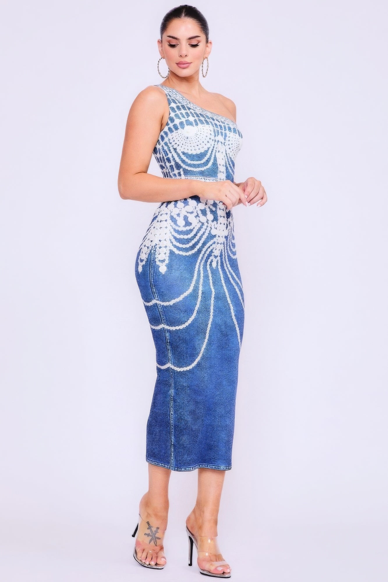 Denim - One Shoulder Print Dress