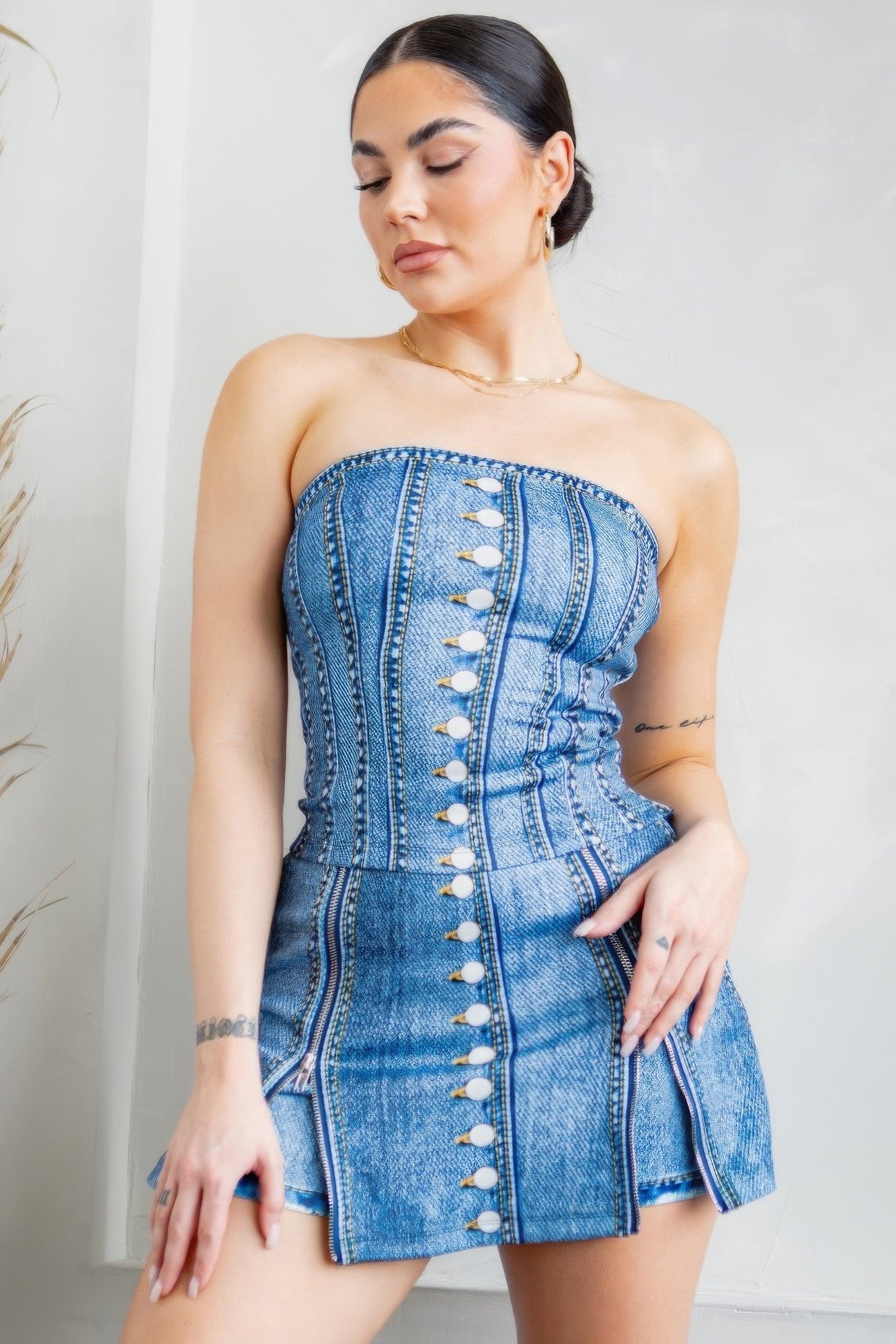 Denim - Effect Corset Top & Bottom Set