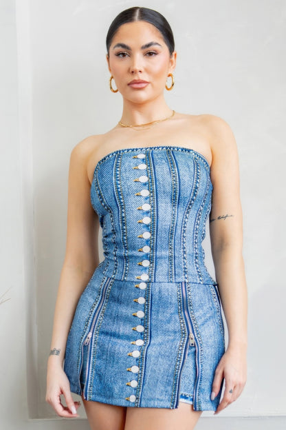 Denim - Effect Corset Top & Bottom Set