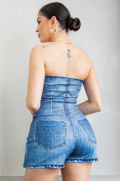 Denim - Effect Corset Top & Bottom Set