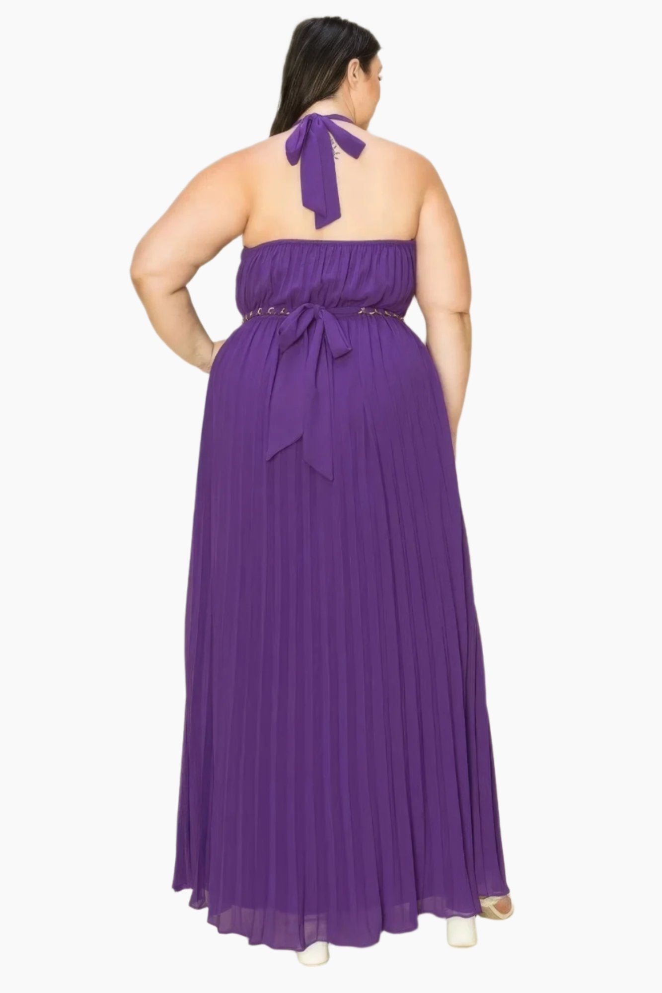 Chiffon Pleated Gold Trim Neck & Belt Cut Out Chest Maxi Dress