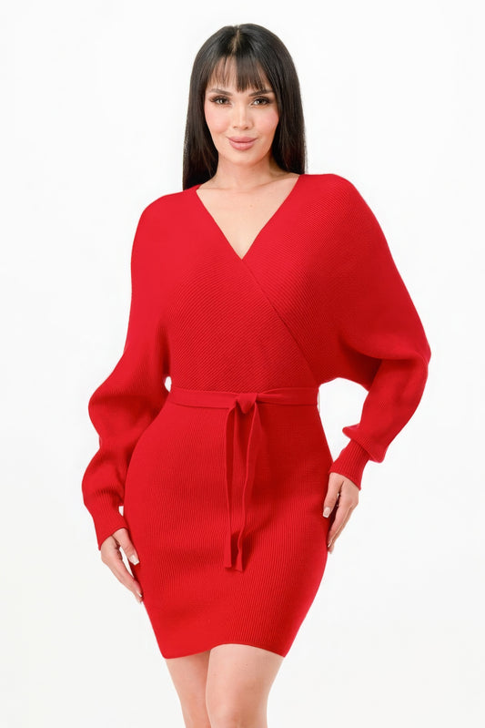 Off Shoulder Wrap Belted Ribbed Sweather Dress