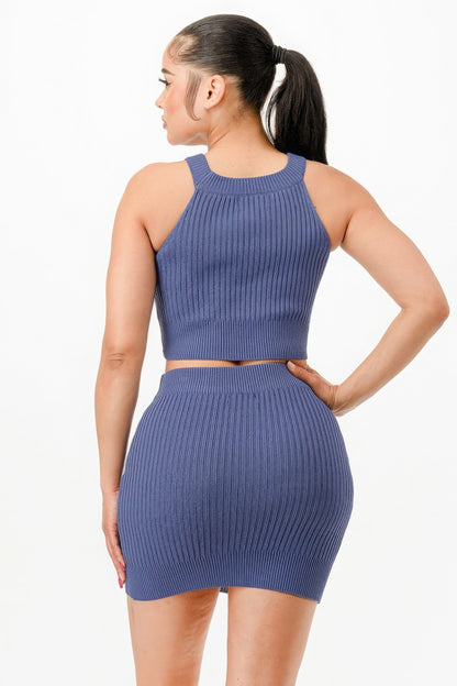 Denim - Halter Neck Tank Top And Bodycon Mini Denim Hue Skirt Set