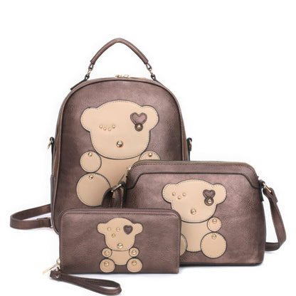 Bag - 3in1 Cute Bear Design Handle Backpack with Crossbody and Wallet Set