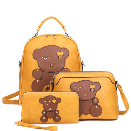 Bag - 3in1 Cute Bear Design Handle Backpack with Crossbody and Wallet Set