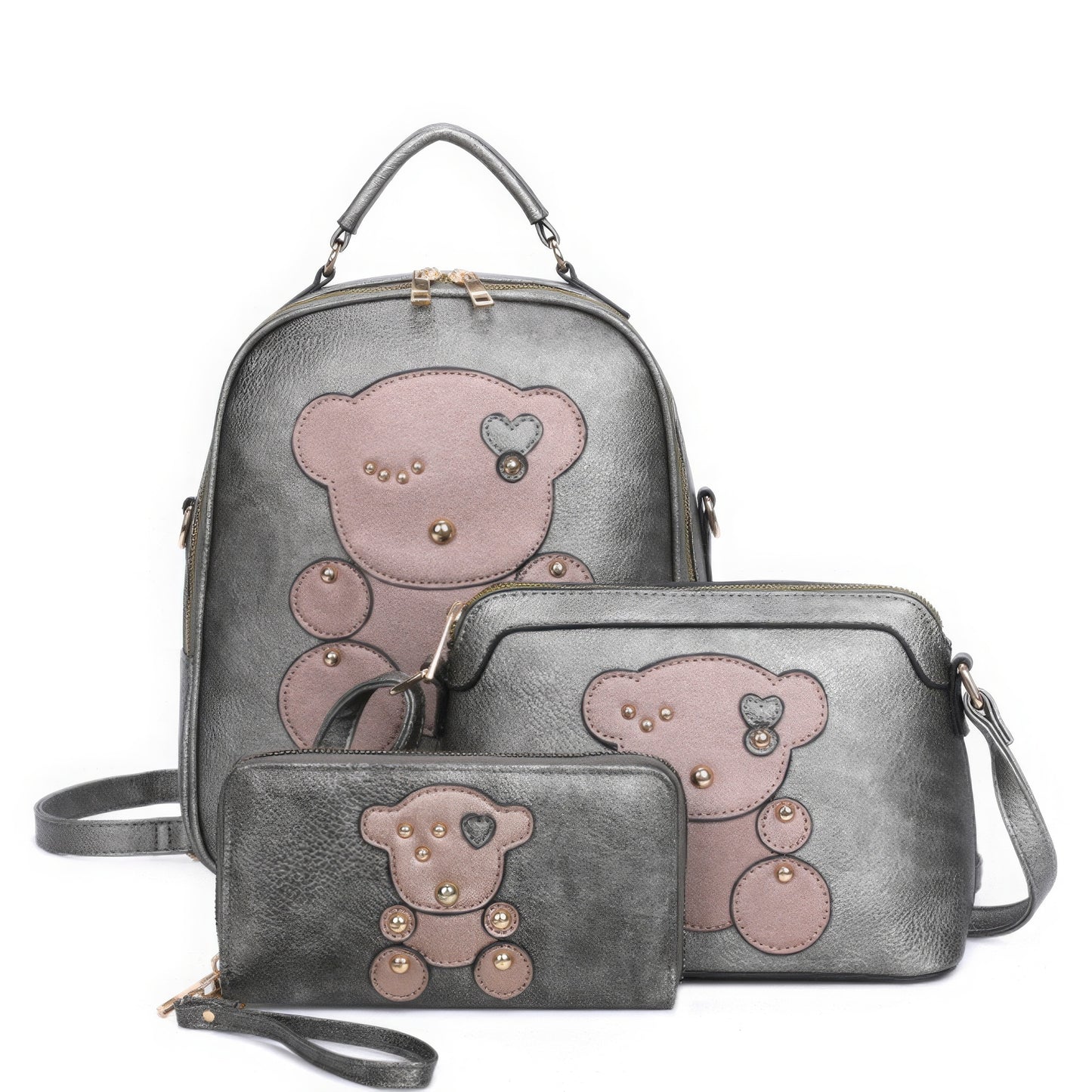 Bag - 3in1 Cute Bear Design Handle Backpack with Crossbody and Wallet Set