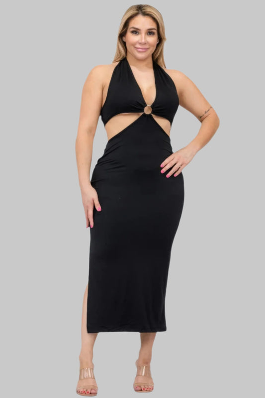 Plus Size Cut-out Halter Neck Double Back Tie Split Thigh Midi Dress